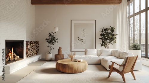 Cozy minimalist living room, white brick fireplace, neutral color palette, large windows, natural light, wooden accents, potted plant, round coffee table, textured rug, modern furniture, Scandinavian 