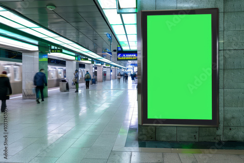 Unique and attractive vertical blank green screen billboard mock-up at a subway entrance, bustling city center