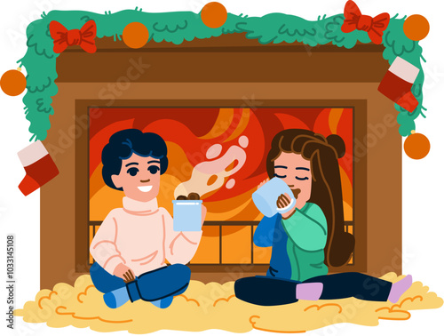 fire hot chocolate fireplace vector. home coffee, mug cup, winter cozy fire hot chocolate fireplace character. people flat cartoon illustration