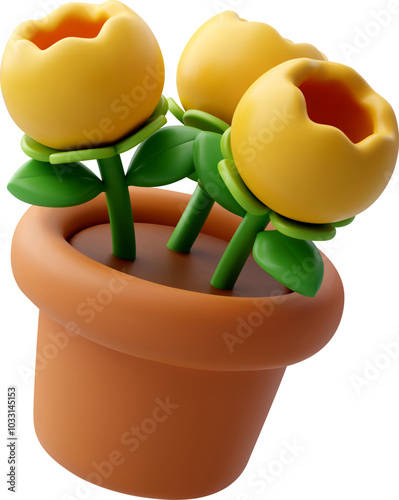 3d Vector Flowers tulips in pot, Equipment for elderly concept.