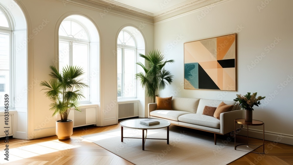 Fototapeta premium Elegant minimalist living room, mid-century modern sofa, abstract geometric artwork, large arched windows, natural light, hardwood floors, potted palm plant, round coffee table, bright white walls, hi