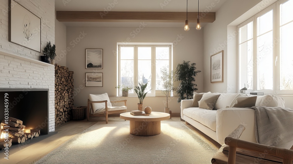 Fototapeta premium Cozy minimalist living room, white brick fireplace, neutral color palette, large windows, natural light, wooden accents, potted plant, round coffee table, textured rug, modern furniture, Scandinavian