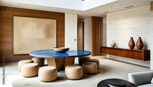 Modern minimalist interior, circular blue stone dining table, sculptural table base, round poufs, wooden wall panels, textured white brick wall, large abstract beige artwork, earthy ceramic vases, nat photo