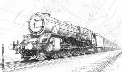 Steam locomotive on railroad tracks.