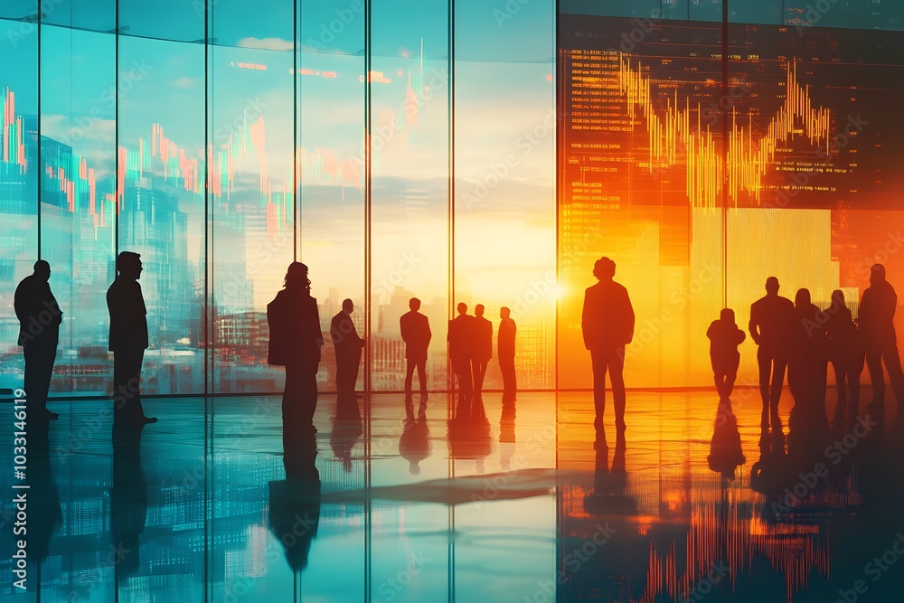 A group of business people standing in front of an office window, with stock market charts and graphs displayed on the glass wall behind them. A group of business people standing in front of an office window, with stock market charts and graphs displayed on the glass wall behind them.