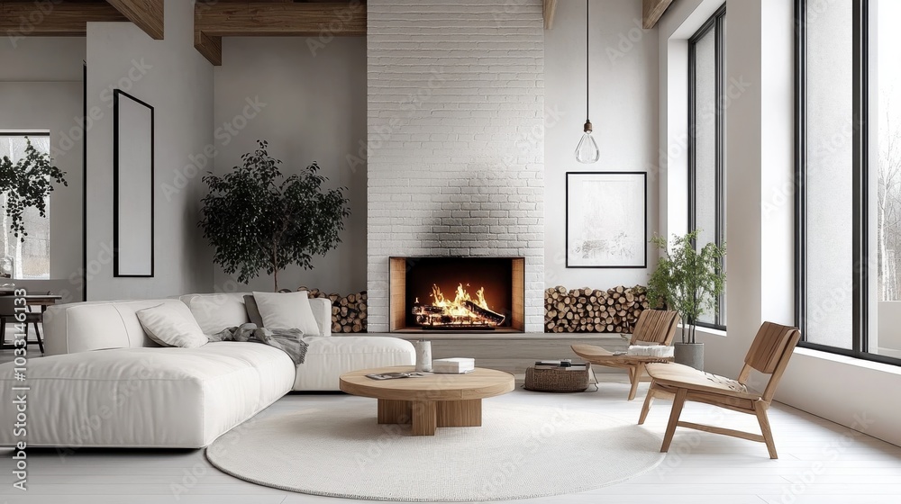 Cozy minimalist living room, white brick fireplace, neutral color palette, large windows, natural light, wooden accents, potted plant, round coffee table, textured rug, modern furniture, Scandinavian Cozy minimalist living room, white brick fireplace, neutral color palette, large windows, natural light, wooden accents, potted plant, round coffee table, textured rug, modern furniture, Scandinavian