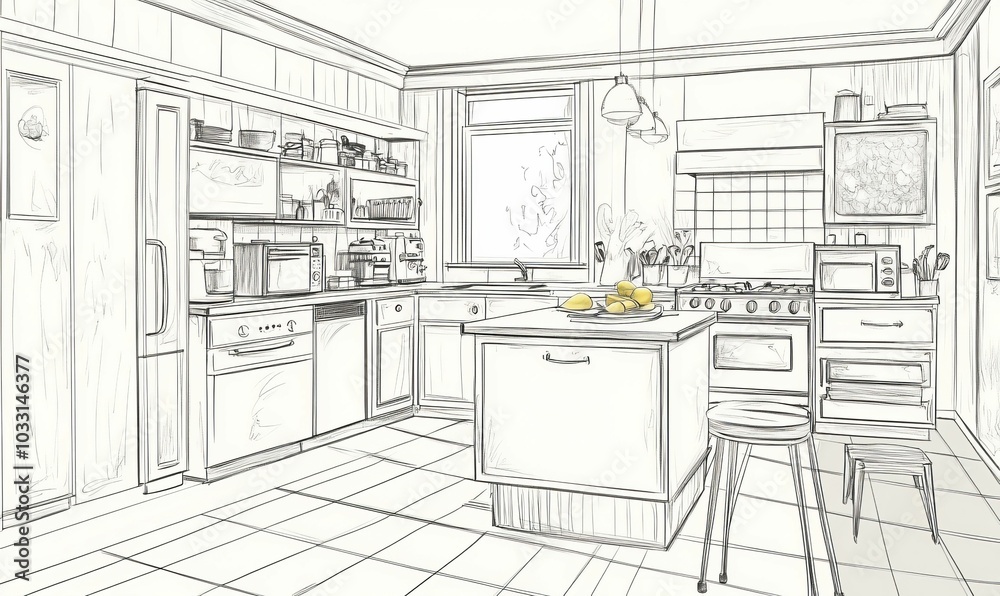 Hand-drawn sketch of a kitchen design. Hand-drawn sketch of a kitchen design.