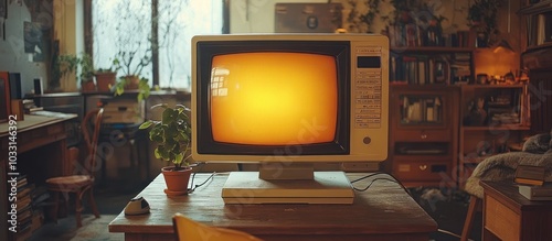 A vintage computer monitor displays an orange screen in a cozy, plant-filled room.
