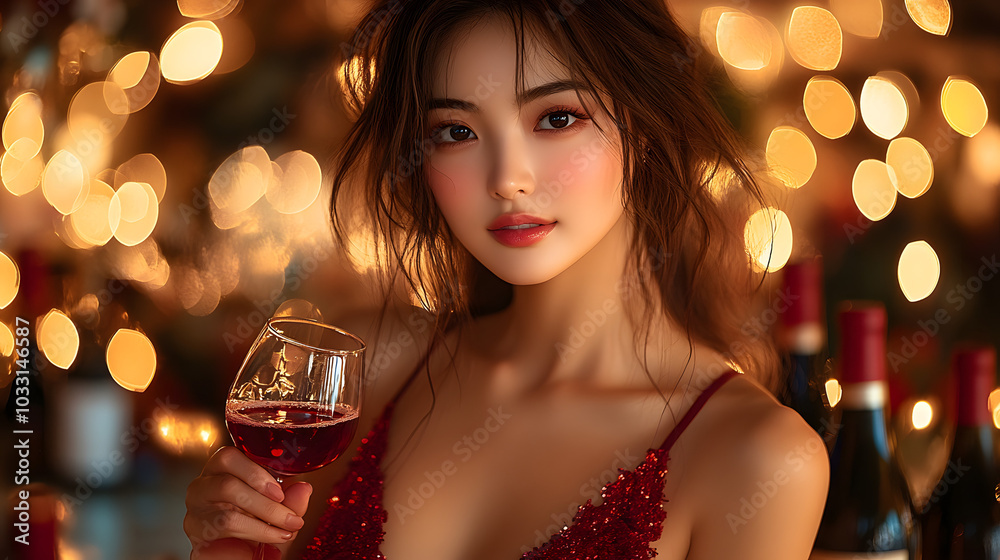 A Beautiful Asian Woman in an Elegant Red Dress Holding a Champagne Glass at a Formal Event, Radiating Elegance and Confidence.
A Beautiful Asian Woman in an Elegant Red Dress Holding a Champagne Glass at a Formal Event, Radiating Elegance and Confidence.