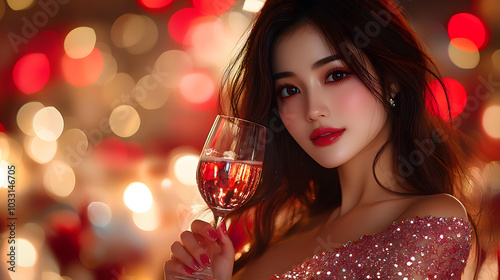 A Beautiful Asian Woman in an Elegant Red Dress Holding a Champagne Glass at a Formal Event, Radiating Elegance and Confidence. 