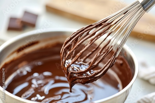 Melted Chocolate Coating a Whisk in a Silver Bowl photo