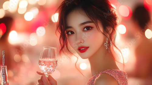 A Beautiful Asian Woman in an Elegant Red Dress Holding a Champagne Glass at a Formal Event, Radiating Elegance and Confidence. 