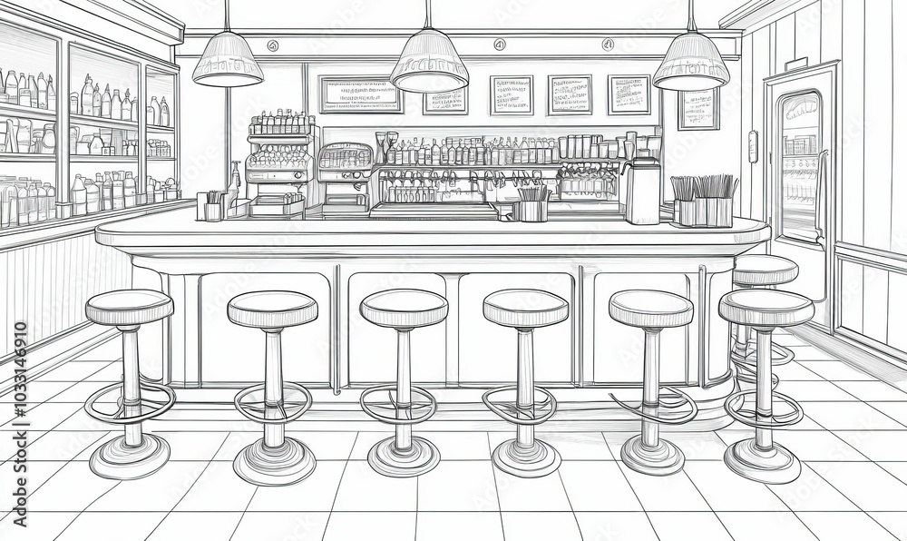 Sketch of a bar counter and stools. Sketch of a bar counter and stools.
