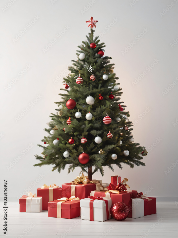 A Christmas tree adorned with red baubles and glowing lights. A Christmas tree adorned with red baubles and glowing lights.