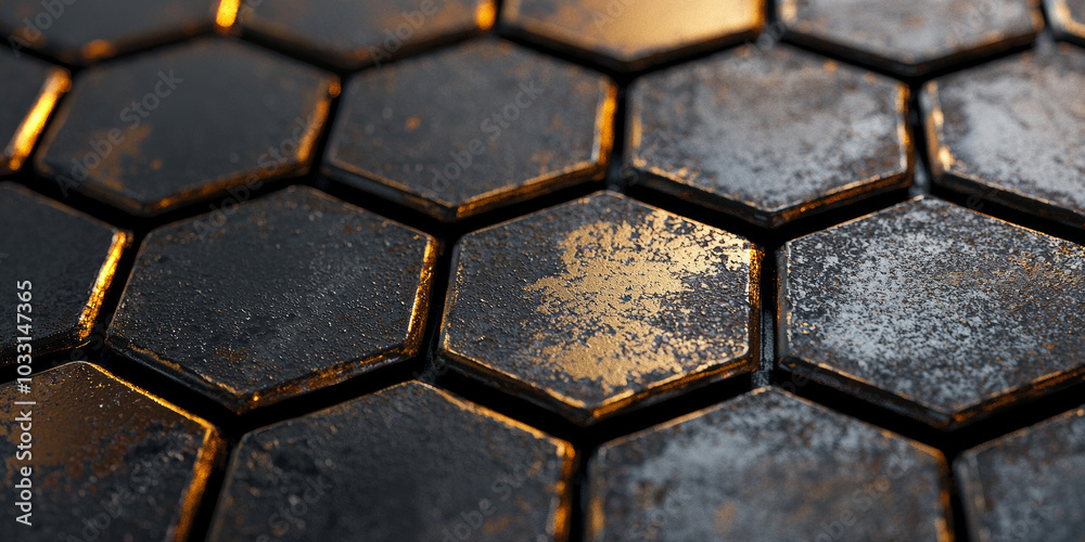 A close up of the texture of metal hexagons with golden highlights, generative AI A close up of the texture of metal hexagons with golden highlights, generative AI