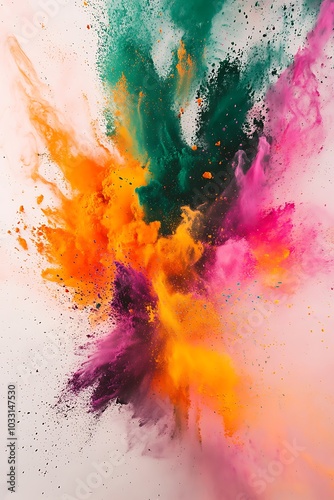 A vibrant explosion of colorful powders creates a dynamic abstract artwork, showcasing a blend of green, orange, pink, and yellow hues.