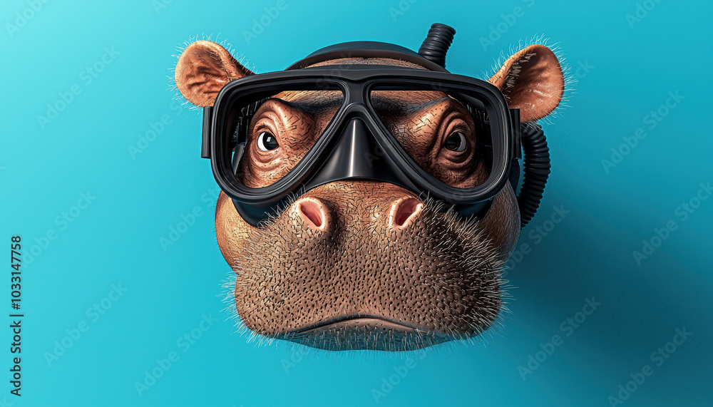 A whimsical illustration of a hippo wearing scuba gear against a turquoise background, blending humor and marine adventure. A whimsical illustration of a hippo wearing scuba gear against a turquoise background, blending humor and marine adventure.