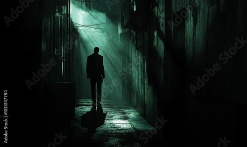 Silhouette walks down dark alleyway.