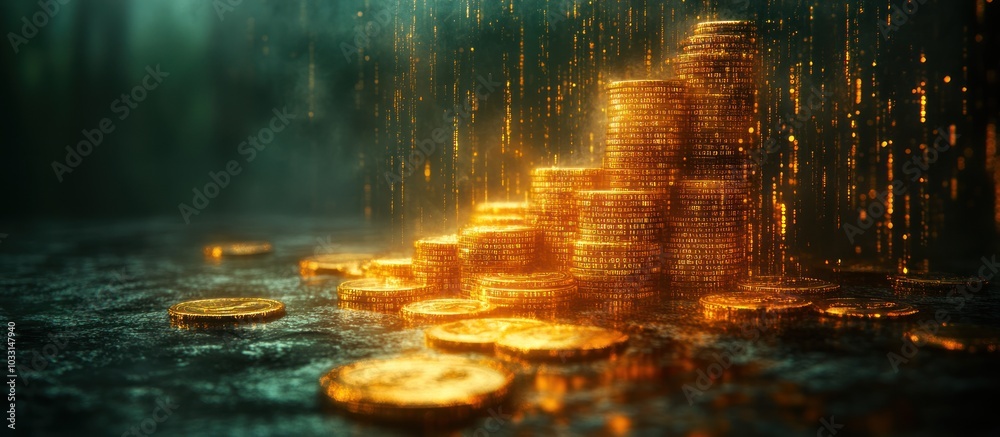A pile of shimmering gold coins with a mystical, glowing background. A pile of shimmering gold coins with a mystical, glowing background.