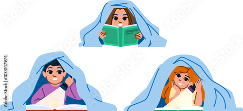 bedroom kid blanket book vector. family night, room child, bed girl bedroom kid blanket book character. people flat cartoon illustration