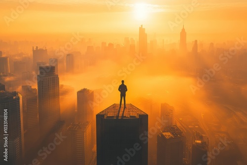 A person standing at the top of a skyscraper overlooking a modern city skyline photo