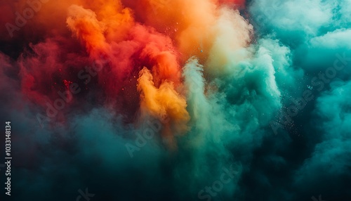 A vibrant explosion of colorful smoke creates a dynamic and artistic visual, blending shades of orange, red, and teal, evoking energy and creativity.