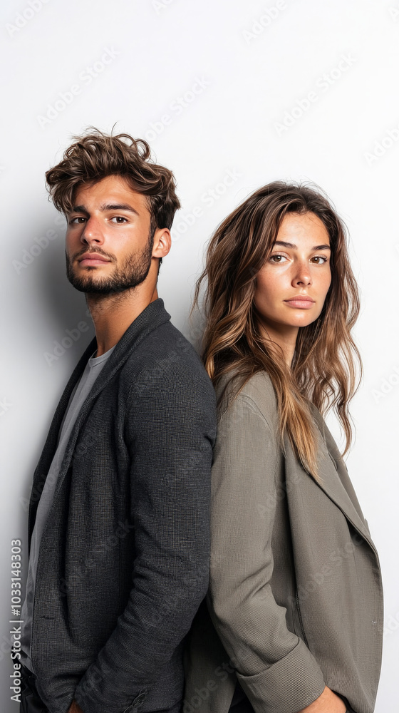A split image of a man and a woman standing back-to-back, both looking forward confidently A split image of a man and a woman standing back-to-back, both looking forward confidently
