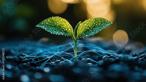 A green sprout growing from a network of blue lines