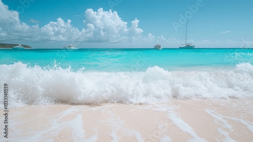 Fototapeta Naklejka Na Ścianę i Meble -  Pristine Caribbean Beach with Turquoise Waters and Sailing Boats