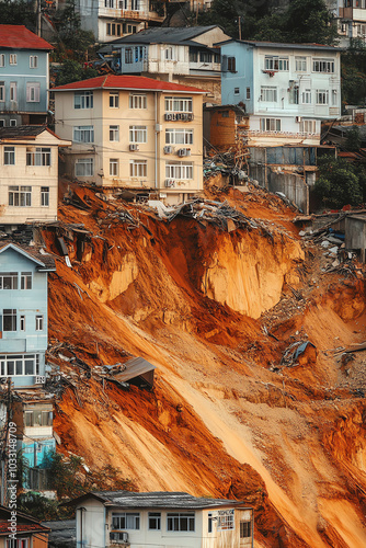 A massive landslide burying houses on a hillside, with earth and debris sliding down the slope after heavy rains photo