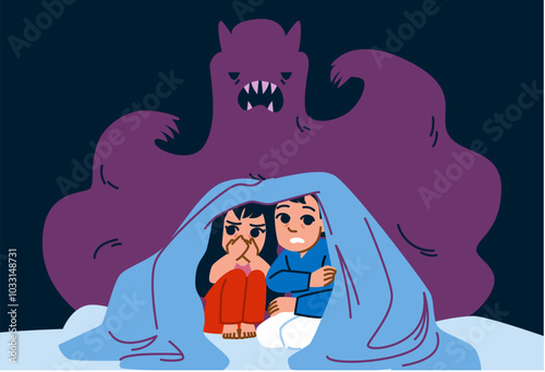 scary kid fear bed vector. child children, ghost sleep, dark blanket scary kid fear bed character. people flat cartoon illustration