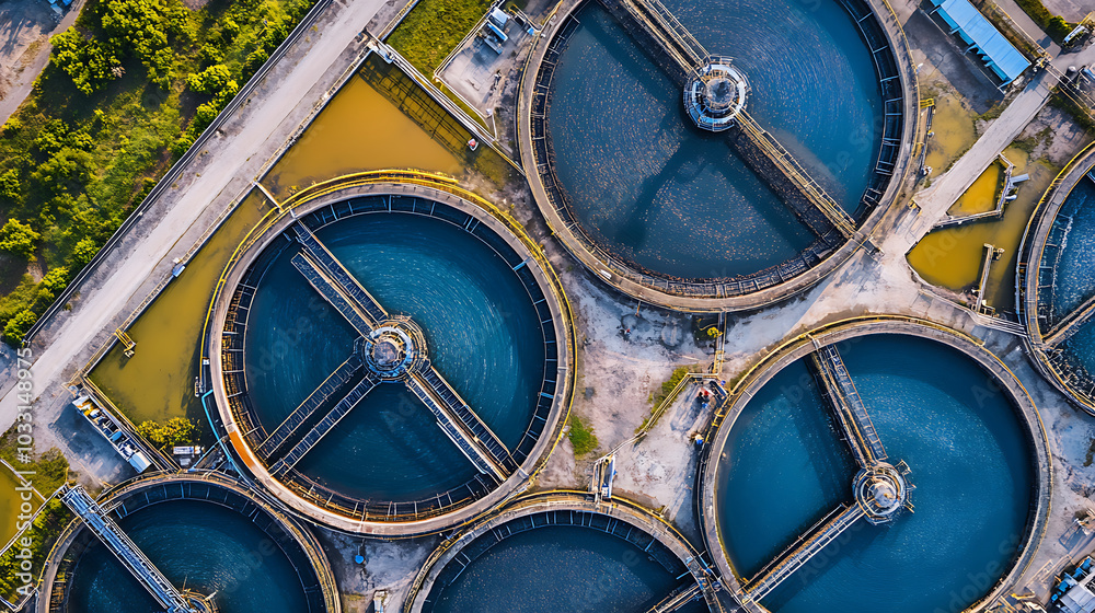 Aerial view of sprawling water treatment facility showcasing circular tanks and clear water. intricate design highlights importance of water purification and environmental sustainability Aerial view of sprawling water treatment facility showcasing circular tanks and clear water. intricate design highlights importance of water purification and environmental sustainability