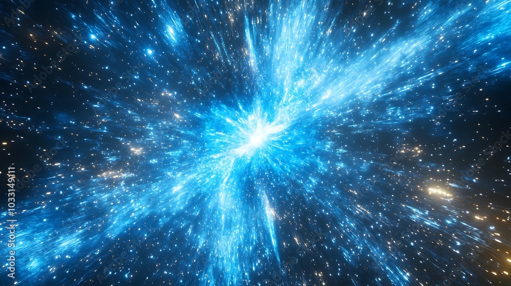 Obraz premium A vibrant cosmic explosion of blue light and stars, depicting the vastness and beauty of the universe in a magnificent space scene.