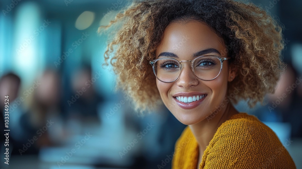 A smiling woman with curly hair and glasses, seated in a meeting environment. A smiling woman with curly hair and glasses, seated in a meeting environment.