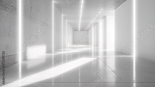 Empty white room with glowing lines and spotlights on walls