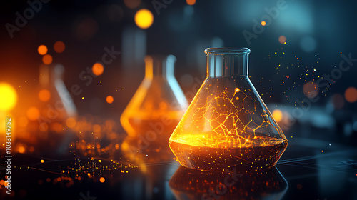 close up view of chemical reactions in high tech fuel lab, showcasing glowing liquids in laboratory glassware. vibrant colors and dynamic particles create intriguing atmosphere