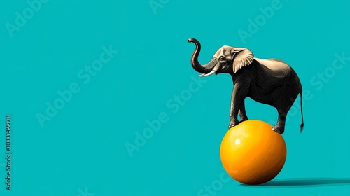 A playful elephant balancing on a bright orange ball against a turquoise background. photo