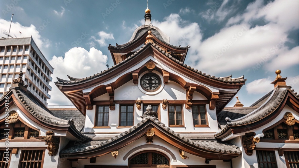 A close-up view of a traditional Japanese temple with intricate details and a curved roof. A close-up view of a traditional Japanese temple with intricate details and a curved roof.