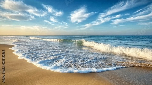 Peaceful Coastal Serenity: Waves Caressing the Sandy Shore