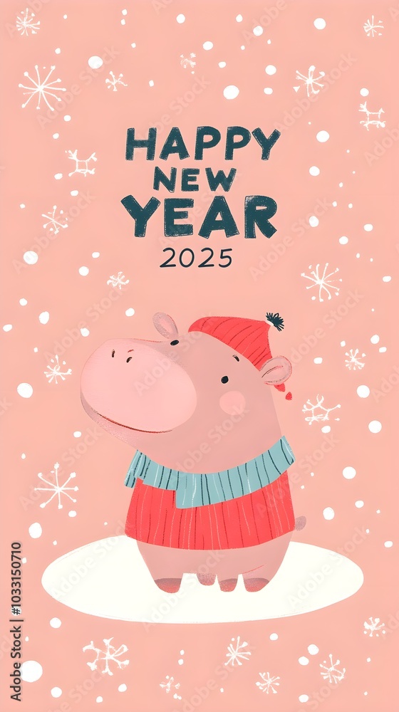Fototapeta premium Cute Pygmy Hippo Celebrates Happy New Year 2025