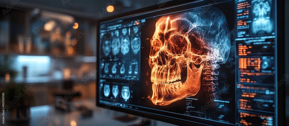 A digital display showing a detailed skull scan with medical imaging data. A digital display showing a detailed skull scan with medical imaging data.