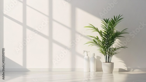A minimalist living room scene featuring white spray bottle and small potted plant