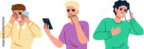 panic man phone fear vector. dread worry, terror unease, apprehension nervousness panic man phone fear character. people flat cartoon illustration