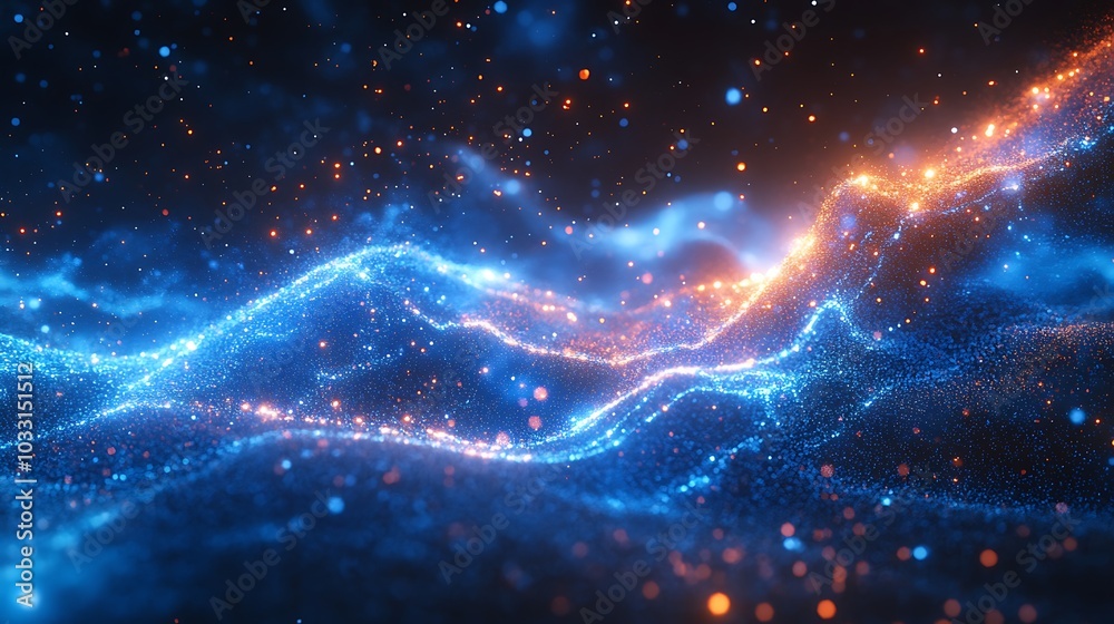 A mesmerizing abstract depiction of glowing waves in vibrant blue and orange hues intertwined with sparkling particles, creating a cosmic, ethereal atmosphere. A mesmerizing abstract depiction of glowing waves in vibrant blue and orange hues intertwined with sparkling particles, creating a cosmic, ethereal atmosphere.