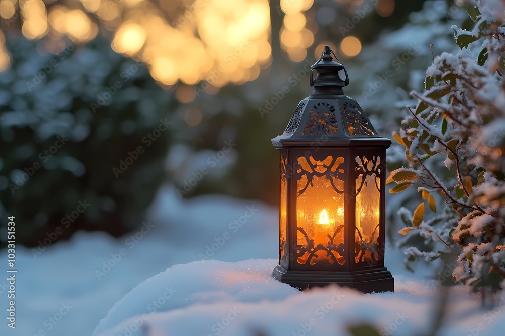 A beautiful antique lantern with an open flame, standing in the snow-covered. A beautiful antique lantern with an open flame, standing in the snow-covered.