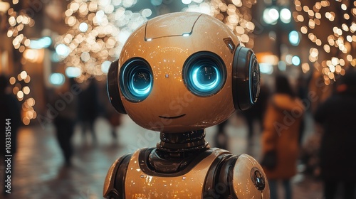 A friendly robot with glowing eyes stands in a festive, illuminated environment.