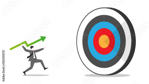 A businessman aiming and throwing a green arrow like a javelin to a business goal. Concepts of financial success, ambition to target, investment strategy, performance at work, and career opportunity