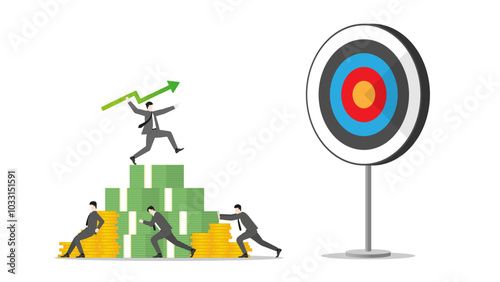 A businessman throws a green arrow like a javelin on money stack to business goal. Teamwork of financial success, ambition to target, investment strategy, performance at work, and career opportunity
