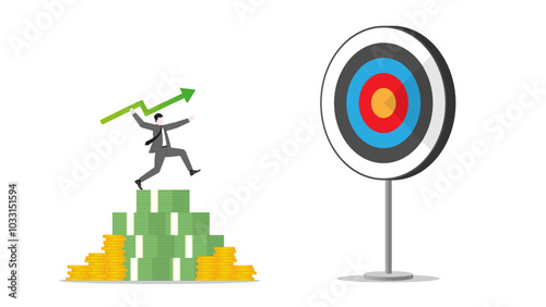 A businessman throws a green arrow like a javelin on money stack to a business goal. Concept of financial success, ambition to target, investment strategy, performance at work, and career opportunity