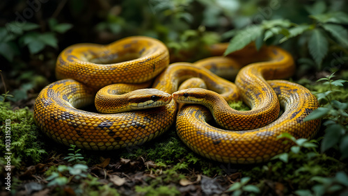 Colorful Snakes Coiled in Lush Greenery